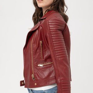 Faux Leather Moto Jacket - Wine